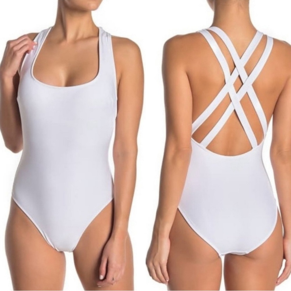 NEW RACHEL Rachel Roy Strappy Scoopneck Maillot White One Piece Swimsuit Size M